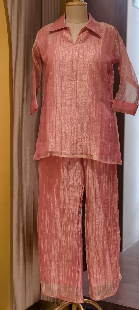 Jewel Stone Neckpiece Look Detechable Outer With Collared Kurta Pant Set In Crush Tissue Fabric- 15353