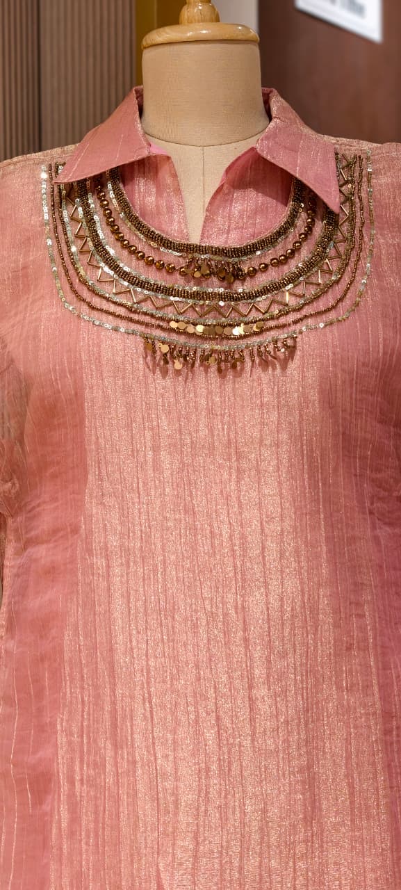 Jewel Stone Neckpiece Look Detechable Outer With Collared Kurta Pant Set In Crush Tissue Fabric- 15353