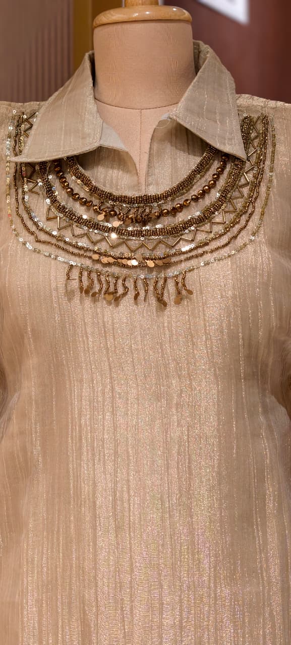 Jewel Stone Neckpiece Look Detechable Outer With Collared Kurta Pant Set In Crush Tissue Fabric- 15353