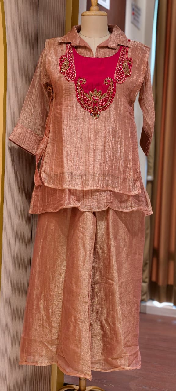 Elegant Contrasted Yoke Overlay Crush Tissue Festive Co-Ord Set- 15318