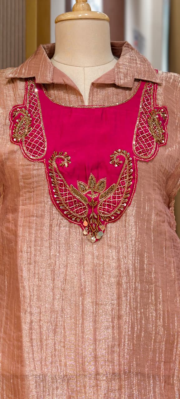 Elegant Contrasted Yoke Overlay Crush Tissue Festive Co-Ord Set- 15318
