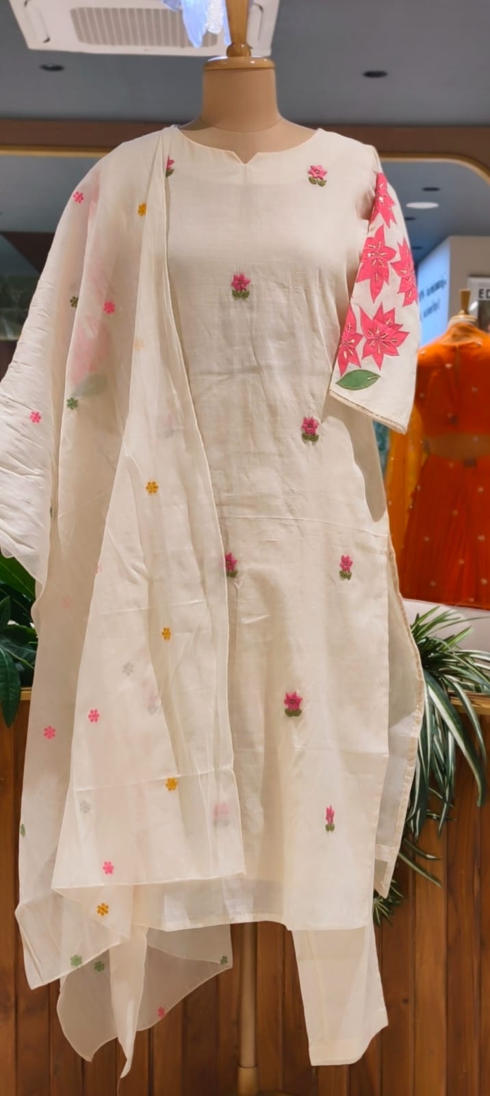 Ivory Spring Floral Embroidered With Print Kora Cotton Full Suit Set With Dupatta- 14689