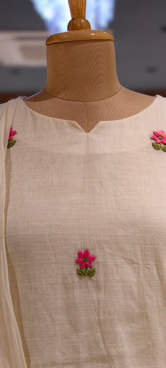 Ivory Spring Floral Embroidered With Print Kora Cotton Full Suit Set With Dupatta- 14689