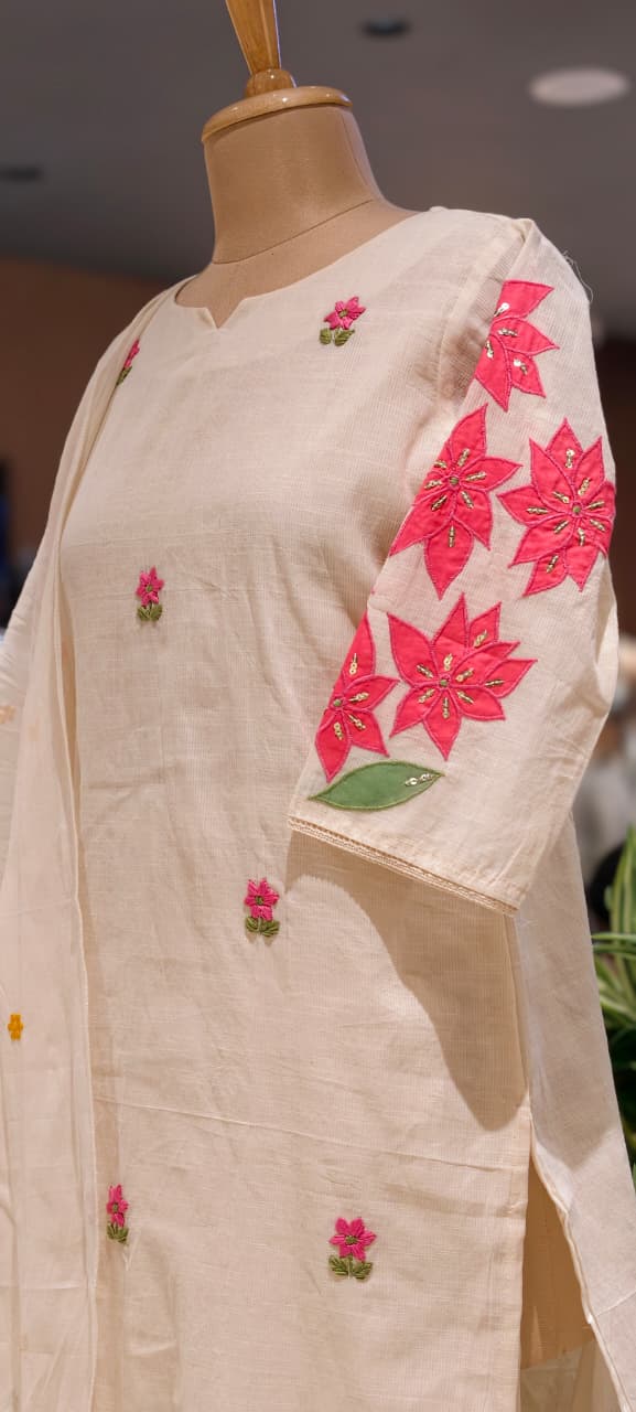 Ivory Spring Floral Embroidered With Print Kora Cotton Full Suit Set With Dupatta- 14689