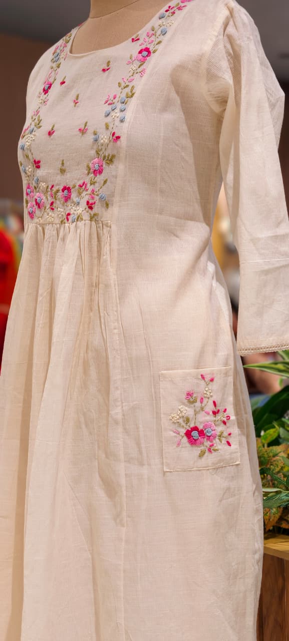 Ivory Floral Embroidered Gathered A-Line Kora Cotton Full Suit Set With Dupatta & Pocket- 14689