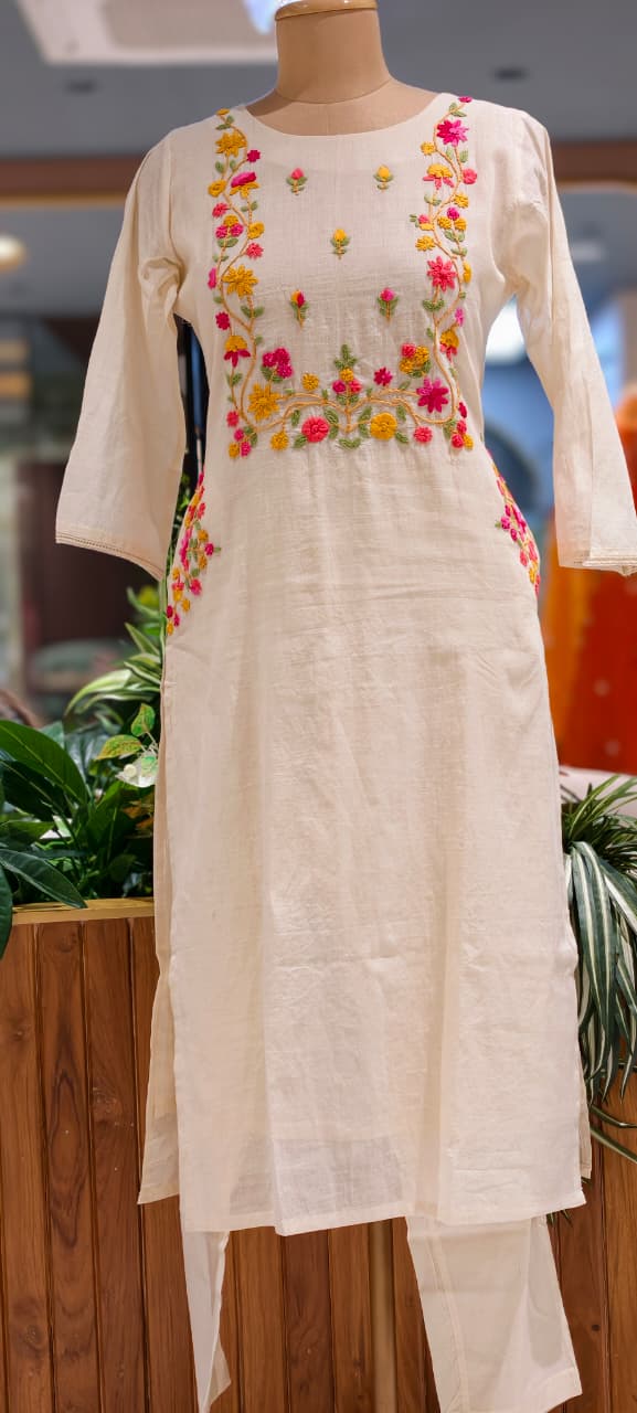 Spring Floral Embroidered Over Yoke & Side Pocket Kora Cotton Full Suit Set With Dupatta- 14689