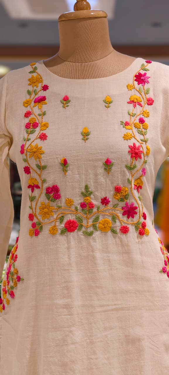 Spring Floral Embroidered Over Yoke & Side Pocket Kora Cotton Full Suit Set With Dupatta- 14689