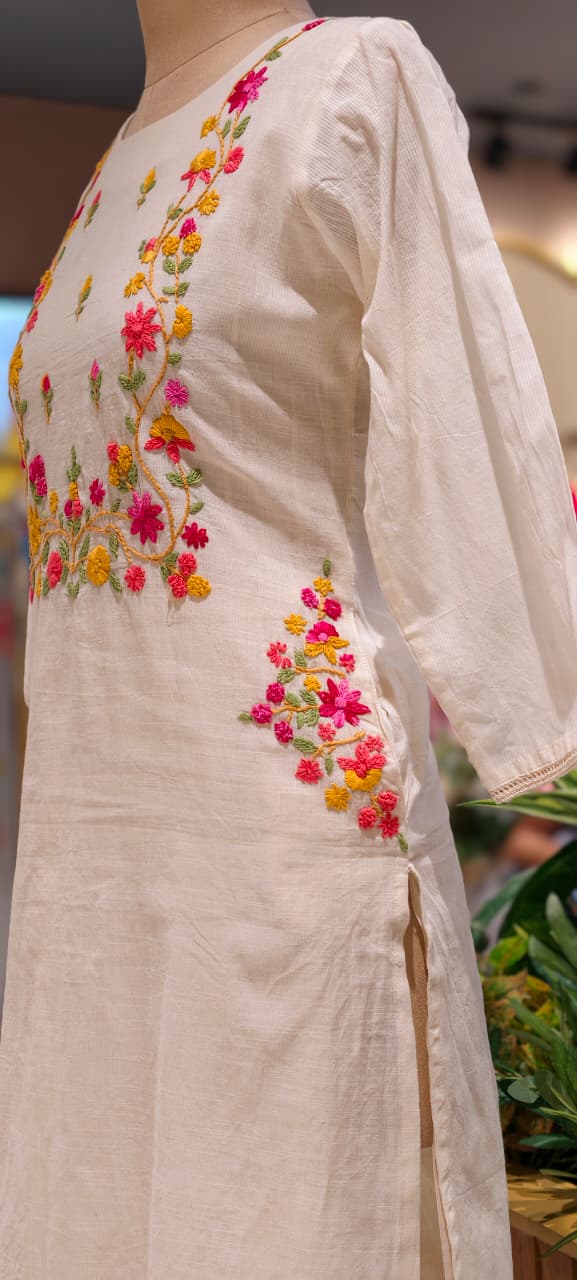Spring Floral Embroidered Over Yoke & Side Pocket Kora Cotton Full Suit Set With Dupatta- 14689