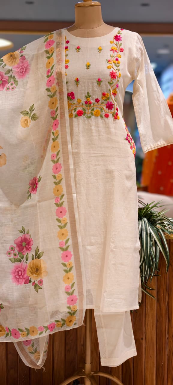 Spring Floral Embroidered Over Yoke & Side Pocket Kora Cotton Full Suit Set With Dupatta- 14689