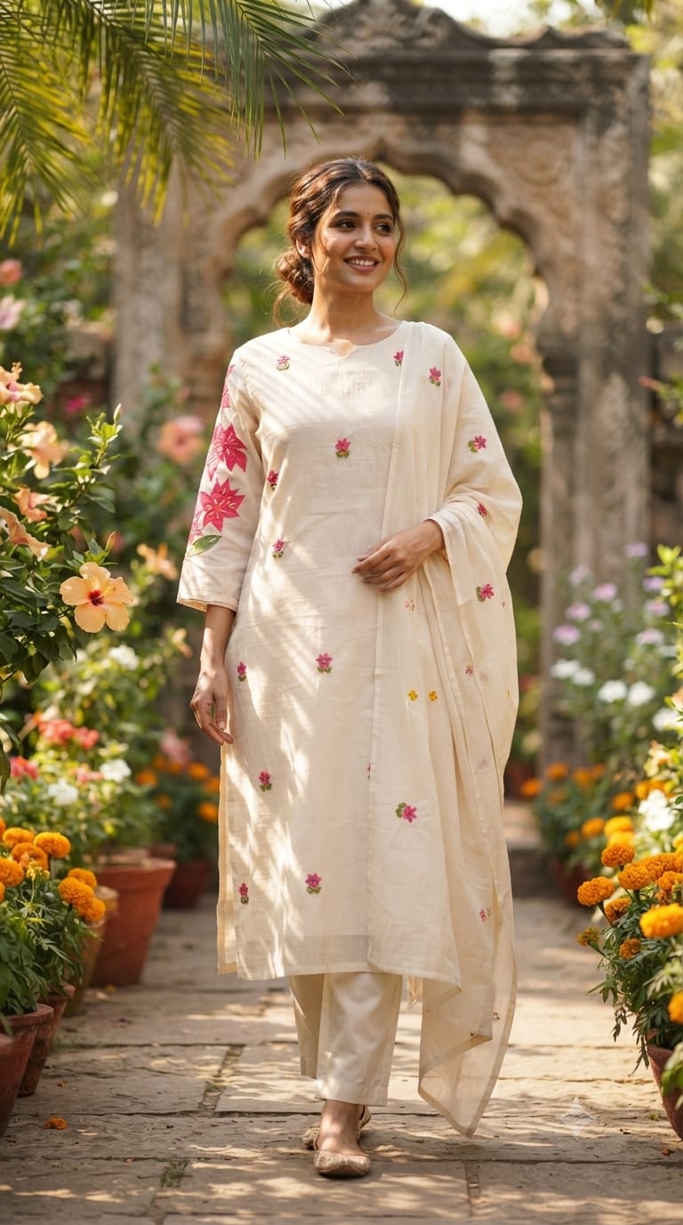 Ivory Spring Floral Embroidered With Print Kora Cotton Full Suit Set With Dupatta- 14689