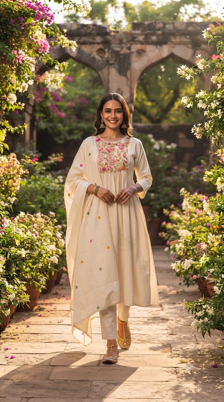 Ivory Floral Embroidered Yoke A-Line Full Suit Set With Dupatta In Kora Cotton Fabric- 14689