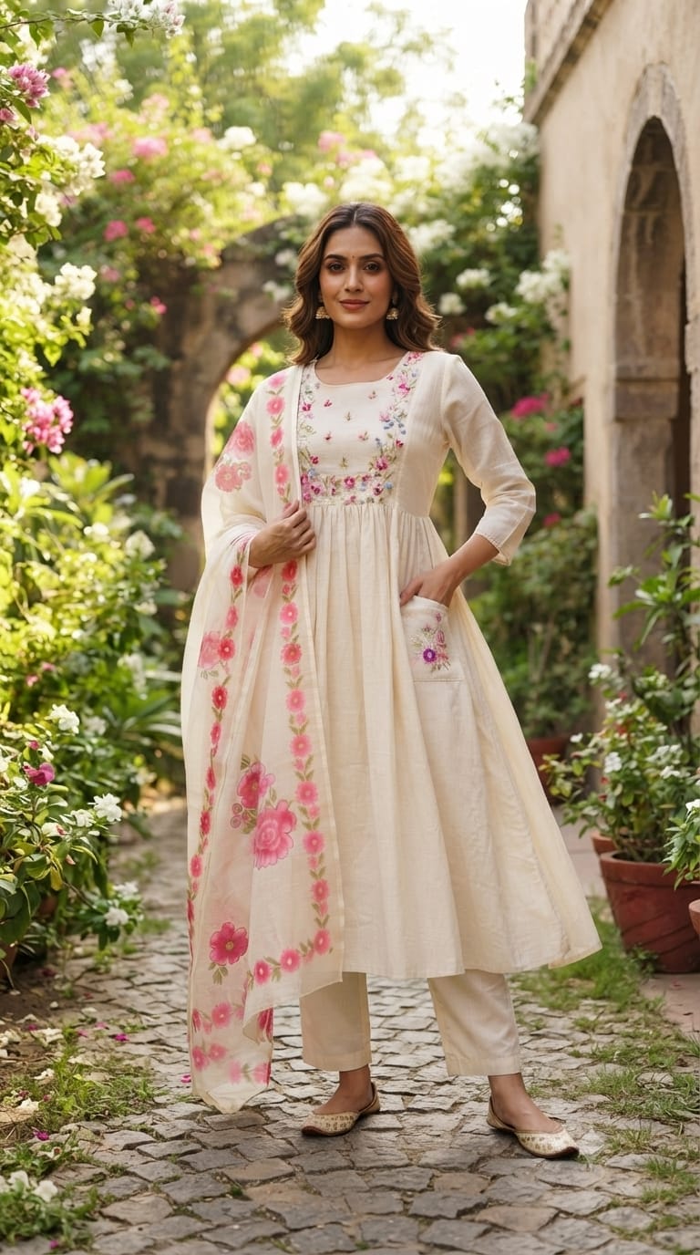 Ivory Floral Embroidered Gathered A-Line Kora Cotton Full Suit Set With Dupatta & Pocket- 14689