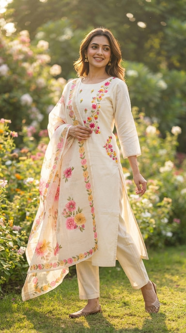 Spring Floral Embroidered Over Yoke & Side Pocket Kora Cotton Full Suit Set With Dupatta- 14689