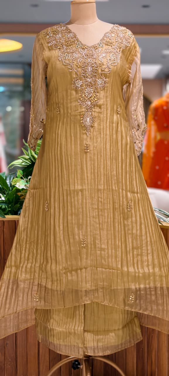 Golden Glow Crushed Tissue A-Line Full Suit Set with Intricate Silver Embroidery Zardozi Yoke- 15389