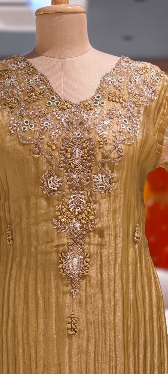 Golden Glow Crushed Tissue A-Line Full Suit Set with Intricate Silver Embroidery Zardozi Yoke- 15389