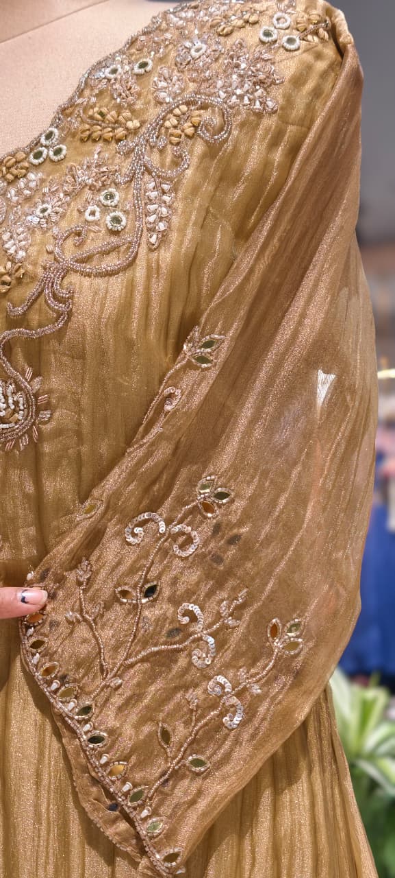 Golden Glow Crushed Tissue A-Line Full Suit Set with Intricate Silver Embroidery Zardozi Yoke- 15389