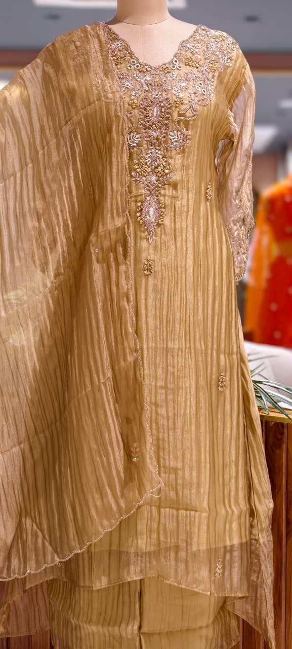Golden Glow Crushed Tissue A-Line Full Suit Set with Intricate Silver Embroidery Zardozi Yoke- 15389