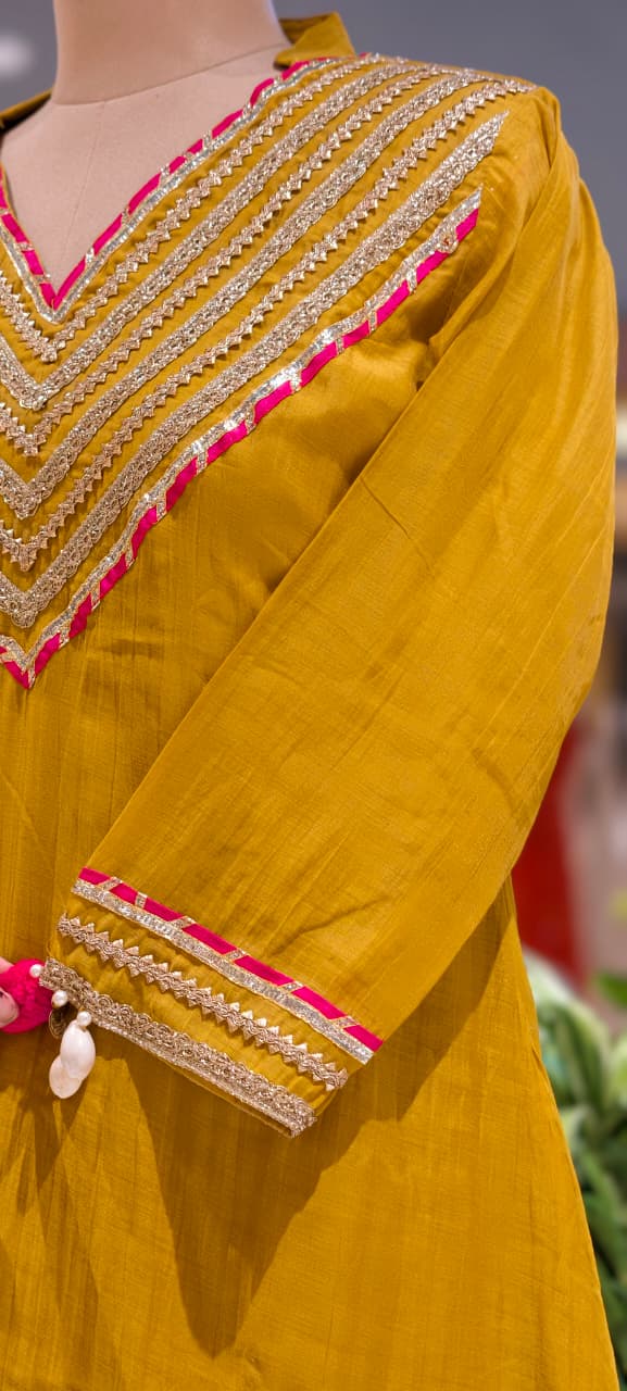 Festive Gota Patti A-Line Mul-Chanderi Full Suit Set with Scalloped Dupatta & Pom Pom Tassel- 15394