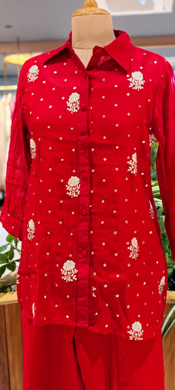 Premium Scattered Floral Embroidered Mul-Chanderi Co-Ord Set With Seperate Inner- 15313