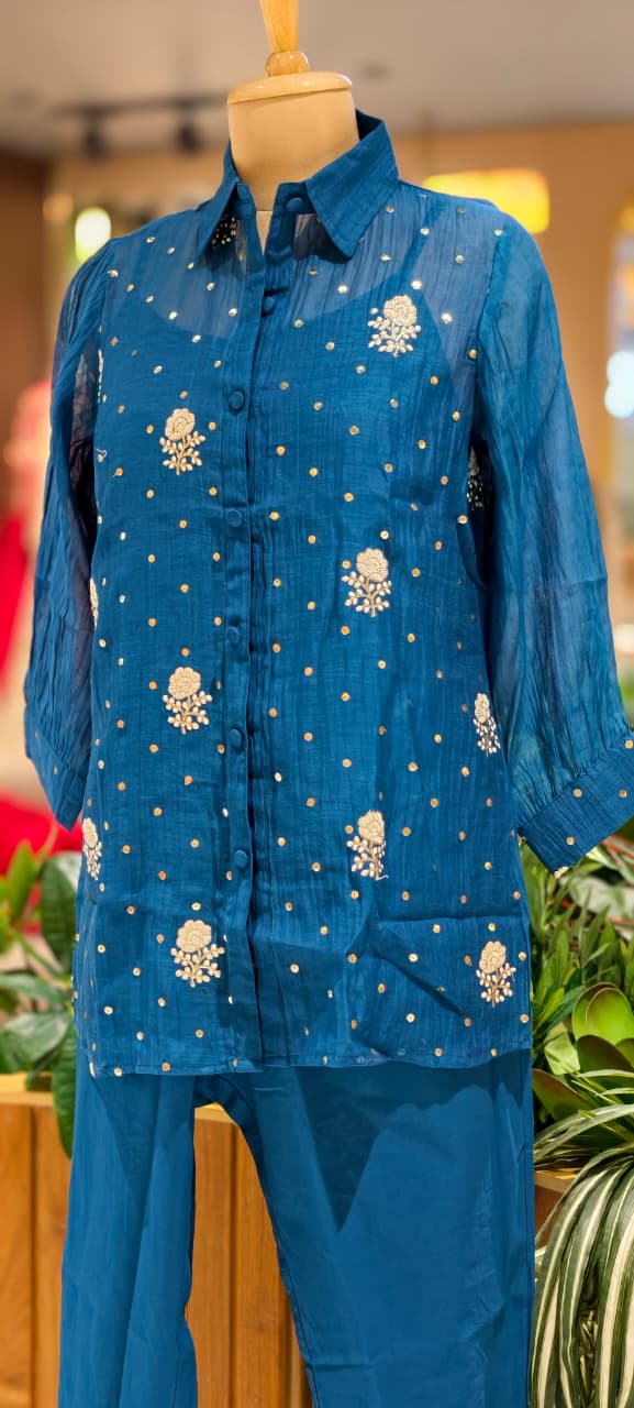 Premium Scattered Floral Embroidered Mul-Chanderi Co-Ord Set With Seperate Inner- 15313