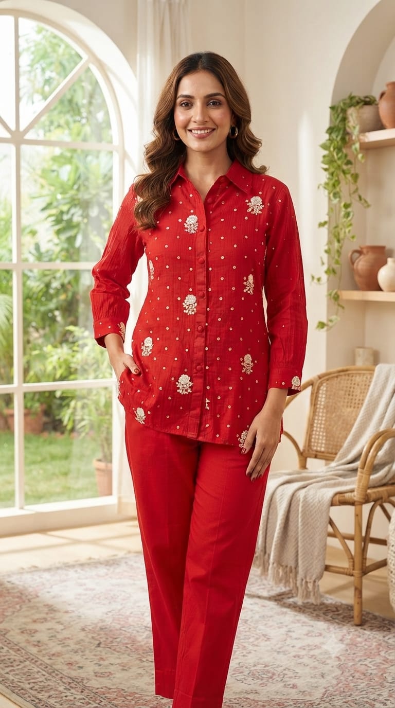 Premium Scattered Floral Embroidered Mul-Chanderi Co-Ord Set With Seperate Inner- 15313