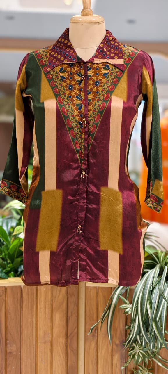 Ajrakh Assymetric Multicolor Print Crepe Casual Wear Shirt- 15323