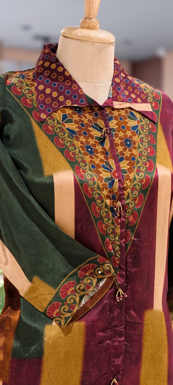 Ajrakh Assymetric Multicolor Print Crepe Casual Wear Shirt- 15323
