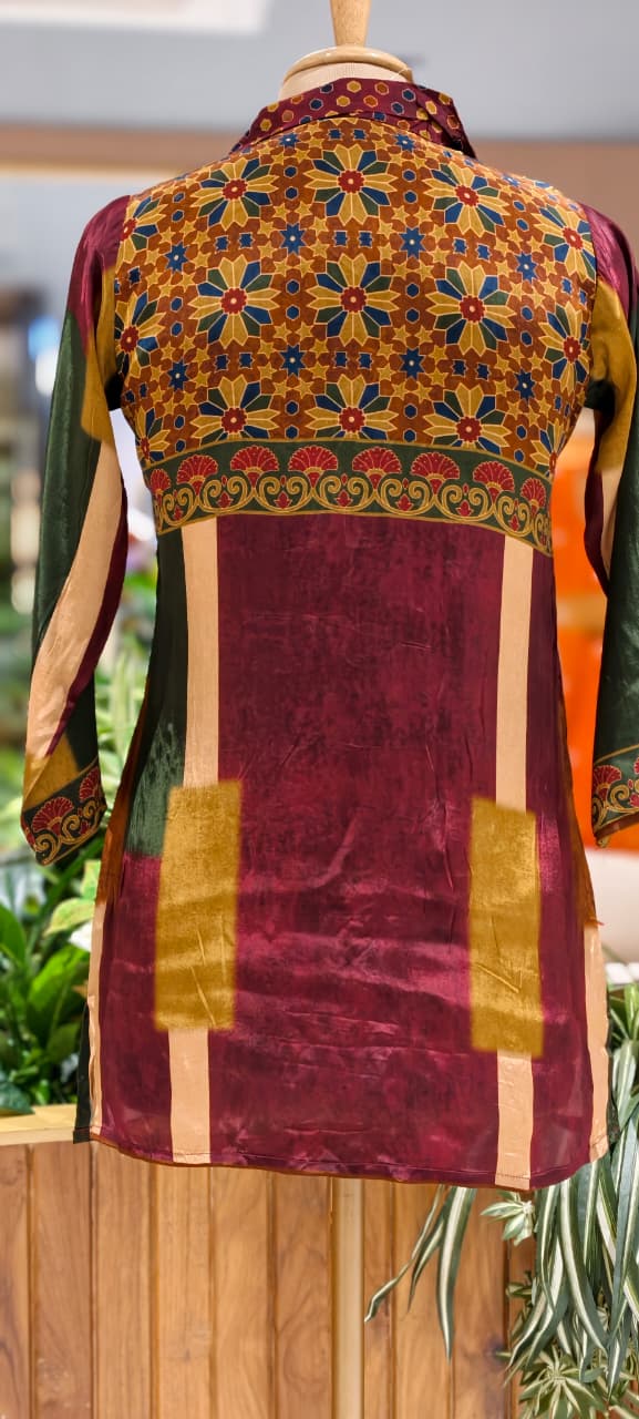 Ajrakh Assymetric Multicolor Print Crepe Casual Wear Shirt- 15323