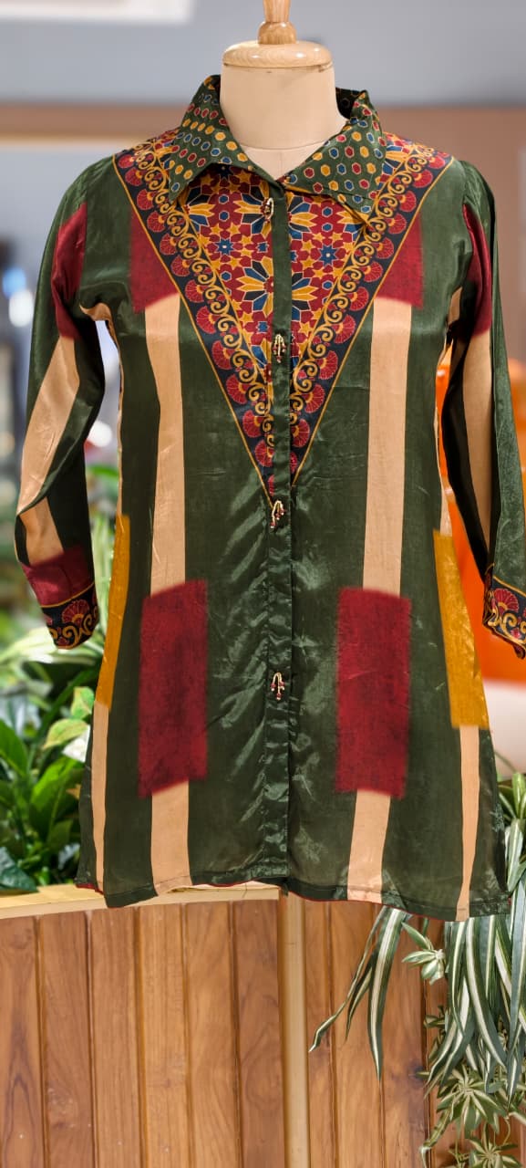 Ajrakh Assymetric Multicolor Print Crepe Casual Wear Shirt- 15323