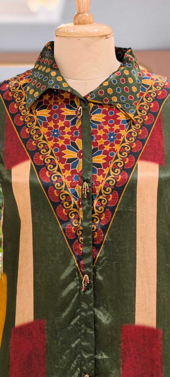 Ajrakh Assymetric Multicolor Print Crepe Casual Wear Shirt- 15323