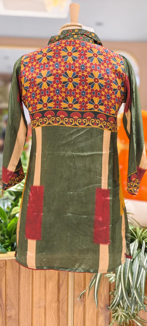 Ajrakh Assymetric Multicolor Print Crepe Casual Wear Shirt- 15323