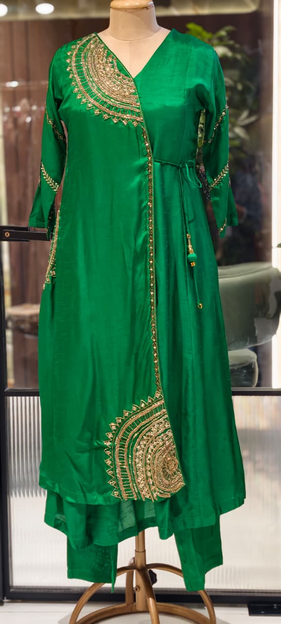 Half Phased Zardosi Embroidered Angrakha Style A-Line Russian Silk Full Suit Set with Dupatta- 15324