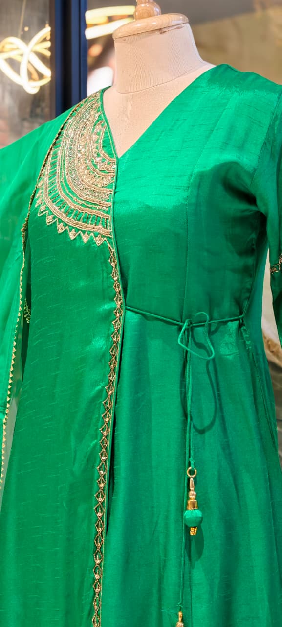 Half Phased Zardosi Embroidered Angrakha Style A-Line Russian Silk Full Suit Set with Dupatta- 15324