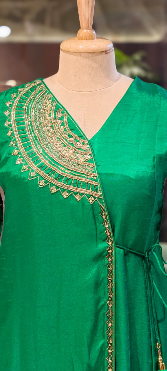 Half Phased Zardosi Embroidered Angrakha Style A-Line Russian Silk Full Suit Set with Dupatta- 15324
