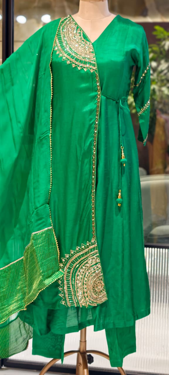 Half Phased Zardosi Embroidered Angrakha Style A-Line Russian Silk Full Suit Set with Dupatta- 15324