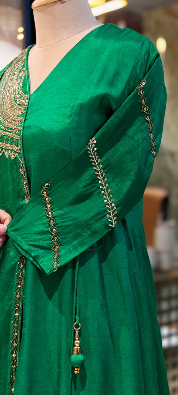 Half Phased Zardosi Embroidered Angrakha Style A-Line Russian Silk Full Suit Set with Dupatta- 15324