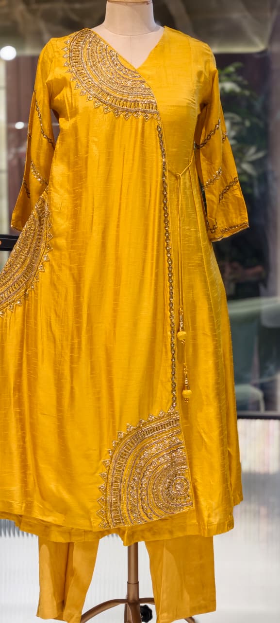 Half Phased Zardosi Embroidered Angrakha Style A-Line Russian Silk Full Suit Set with Dupatta- 15324