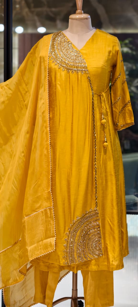 Half Phased Zardosi Embroidered Angrakha Style A-Line Russian Silk Full Suit Set with Dupatta- 15324