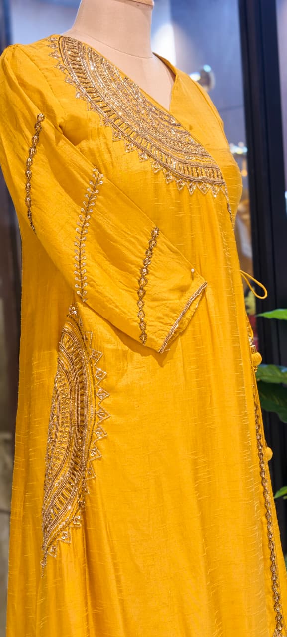 Half Phased Zardosi Embroidered Angrakha Style A-Line Russian Silk Full Suit Set with Dupatta- 15324