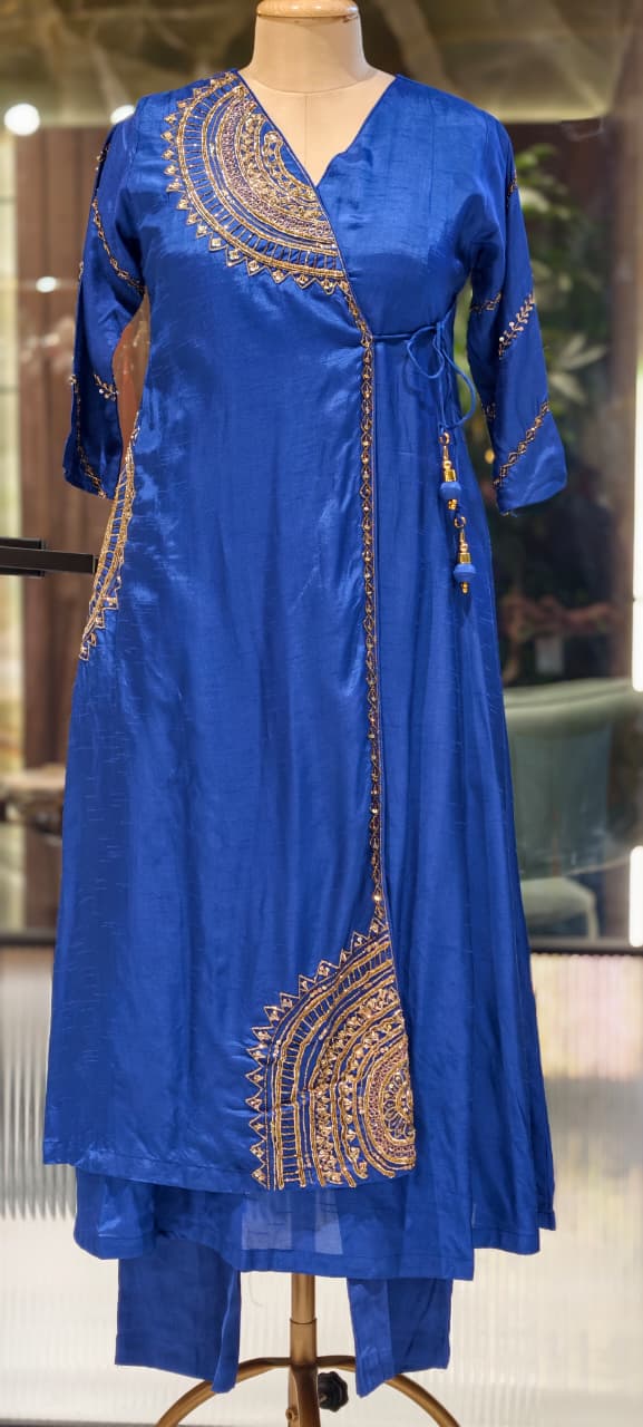 Half Phased Zardosi Embroidered Angrakha Style A-Line Russian Silk Full Suit Set with Dupatta- 15324