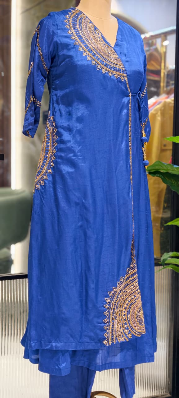 Half Phased Zardosi Embroidered Angrakha Style A-Line Russian Silk Full Suit Set with Dupatta- 15324