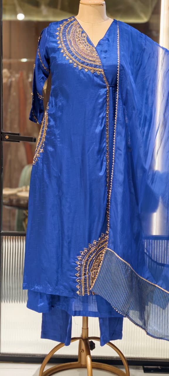 Half Phased Zardosi Embroidered Angrakha Style A-Line Russian Silk Full Suit Set with Dupatta- 15324