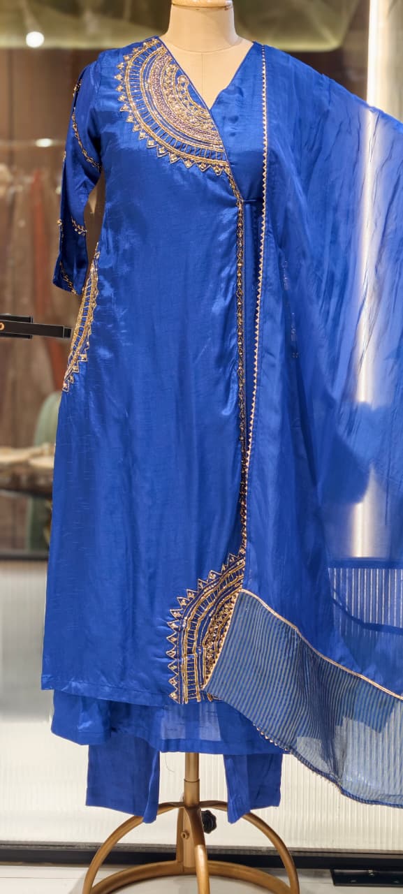 Half Phased Zardosi Embroidered Angrakha Style A-Line Russian Silk Full Suit Set with Dupatta- 15324