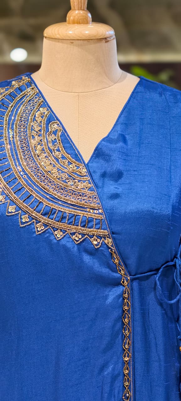 Half Phased Zardosi Embroidered Angrakha Style A-Line Russian Silk Full Suit Set with Dupatta- 15324