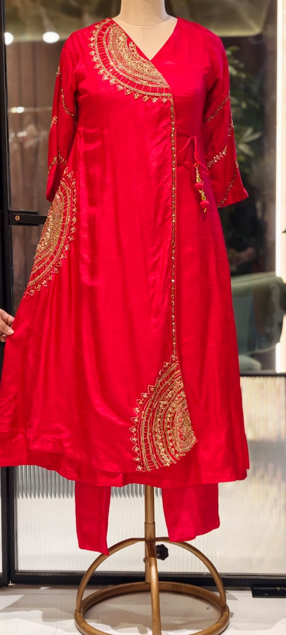 Half Phased Zardosi Embroidered Angrakha Style A-Line Russian Silk Full Suit Set with Dupatta- 15324