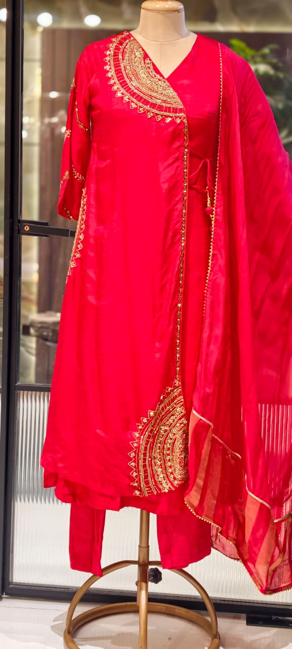 Half Phased Zardosi Embroidered Angrakha Style A-Line Russian Silk Full Suit Set with Dupatta- 15324