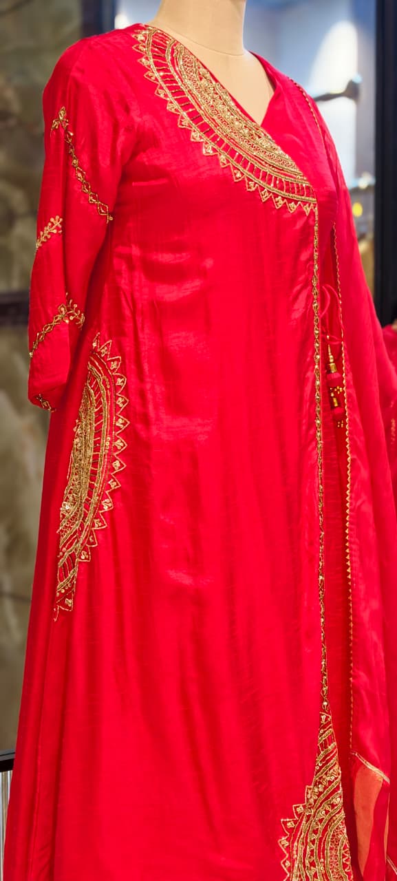 Half Phased Zardosi Embroidered Angrakha Style A-Line Russian Silk Full Suit Set with Dupatta- 15324