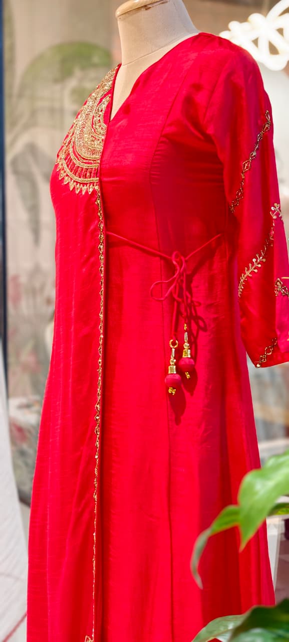 Half Phased Zardosi Embroidered Angrakha Style A-Line Russian Silk Full Suit Set with Dupatta- 15324