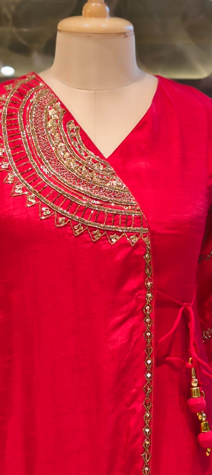 Half Phased Zardosi Embroidered Angrakha Style A-Line Russian Silk Full Suit Set with Dupatta- 15324