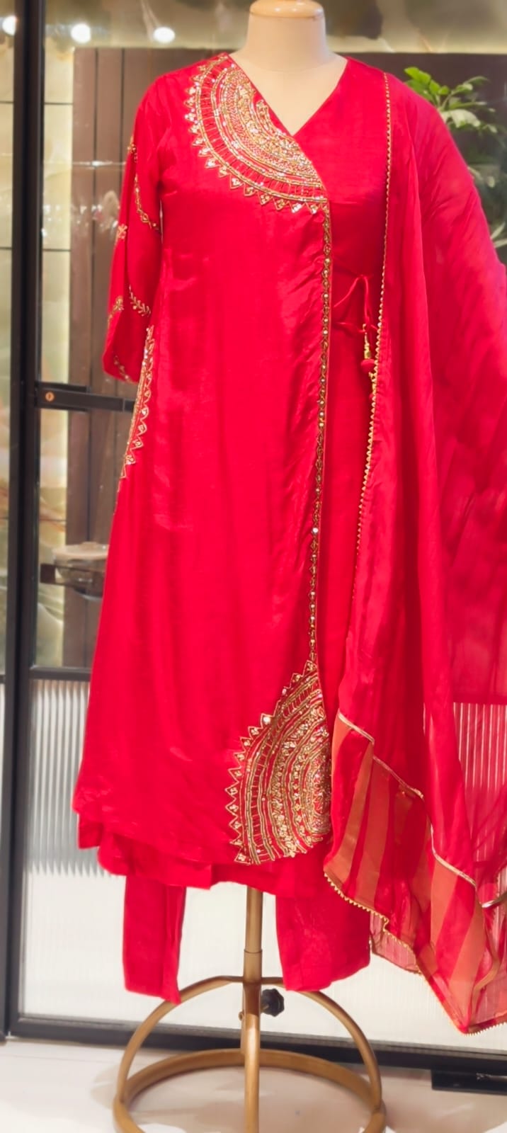 Half Phased Zardosi Embroidered Angrakha Style A-Line Russian Silk Full Suit Set with Dupatta- 15324